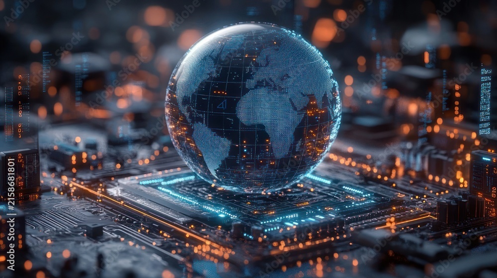 Fototapeta premium Glowing holographic earth hovering above a microchip with illuminated circuits conveying global digital connectivity and futuristic technological awe