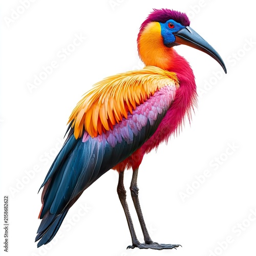 Photo of Colorful bird stands gracefully Isolated on white background