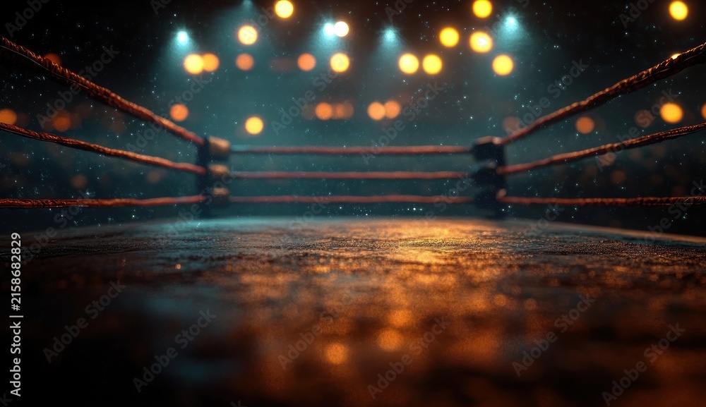 Naklejka premium Empty boxing ring under dramatic orange and blue spotlights with ropes, textured canvas floor and floating particles conveying tense anticipation