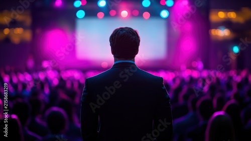 man in suit standing before a large seated audience with colorful stage lights and a glowing screen, backlit silhouette conveying anticipation and confident leadership