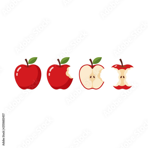 Red apples progression from whole fruit to consumed core, showing stages of eating, isolated on transparent background for healthy food concepts.