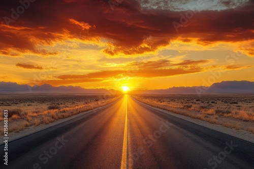 Long empty asphalt road stretching to a blazing sun at the horizon, golden clouds over desert plains and distant mountains, dramatic warm light and a feeling of hopeful journey