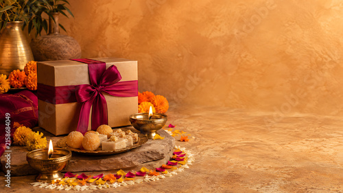 Premium Diwali Gift Boxes with Traditional Sweets, Diyas and Generous Copy Space for Festive Banner
