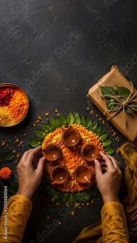 Diwali Rangoli Preparation with Hands Arranging Decorative Diyas and Flower Petals Vertical
