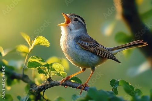 small songbird perched on leafy branch singing with open beak in warm golden morning light, joyful and alert