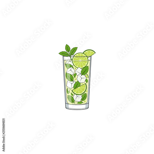 Refreshing mojito cocktail vector with fresh lime slices mint leaves and ice cubes for summer bar menus and tropical drink promotional advertisements.