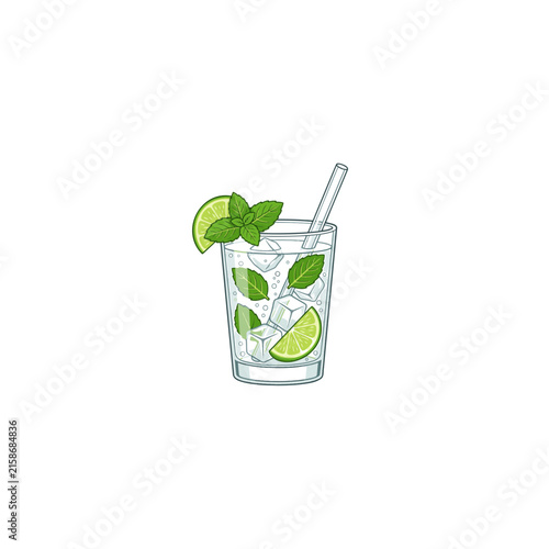 Clear glass of water with ice cubes, lime slices, and mint leaves with a straw, perfect for summer drink menus or healthy beverage illustrations.