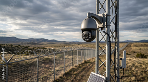 Outdoor dome surveillance camera mounted on metal pole near industrial fence