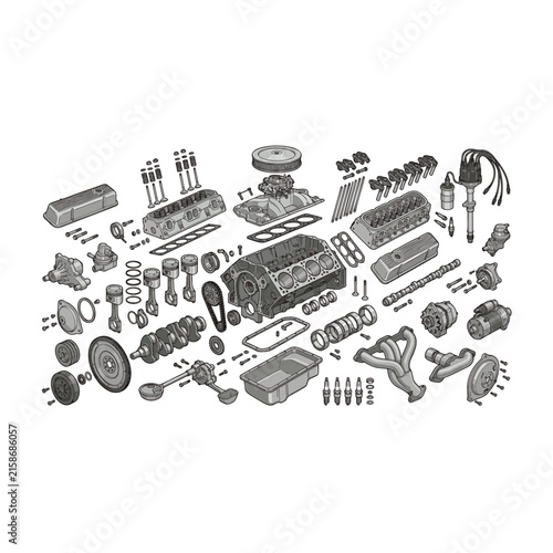 Technical layout of v8 engine internal assembly showing crankshaft head and cooling system parts for automotive education and manufacturing visual aids.