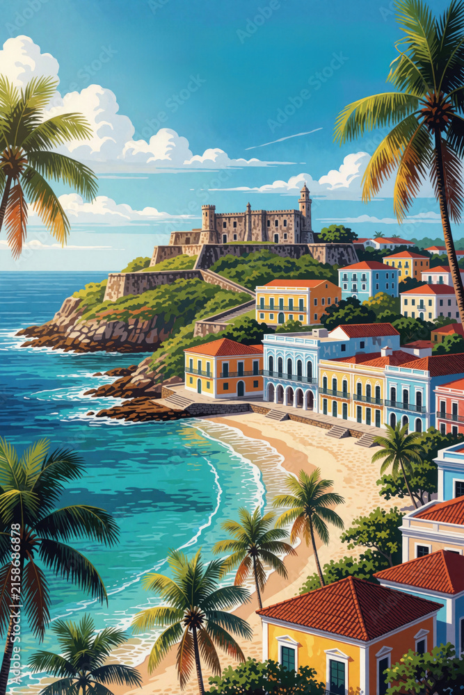 Fototapeta premium Colorful buildings line a beach with clear blue water. A historic fortress overlooks the coast, with palm trees swaying. Tropical island paradise, vacation destination.