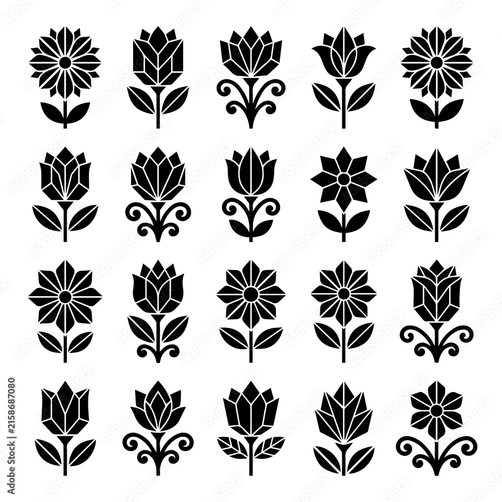 Fototapeta premium Twenty black floral featuring stylized flowers on stems with leaves and decorative scrolls isolated on a white background for