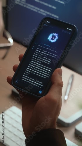Close up of man using AI chatbot app on his smartphone for business tips while artificial intelligence assistant or agent on his computer helps him with work and daily tasks on background. 