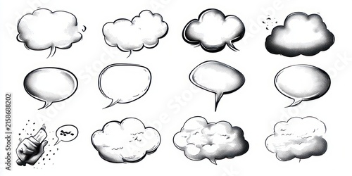 Hand-drawn set of speech and thought bubbles in cloud and oval shapes with ink shading and a thumbs-up hand, playful expressive sketchy comic mood