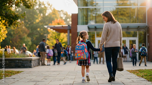 Mother holding hands with young daughter wearing backpack walking toward school entrance building autumn morning daughter backpack