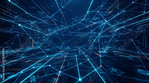 Complex digital network connection with glowing blue lines and nodes on dark background