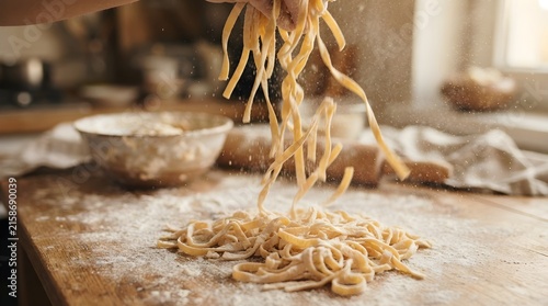 Freshly made pasta noodles falling onto a floured wooden board in a rustic kitchen setting