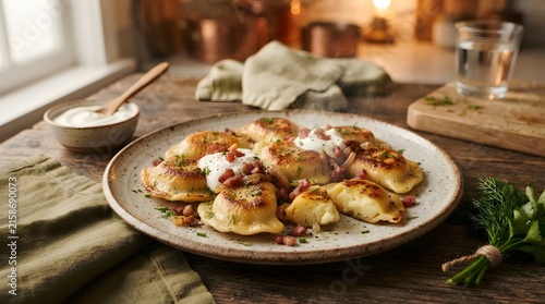 Fried pierogi dumplings topped with bacon bits and sour cream on a rustic ceramic plate
