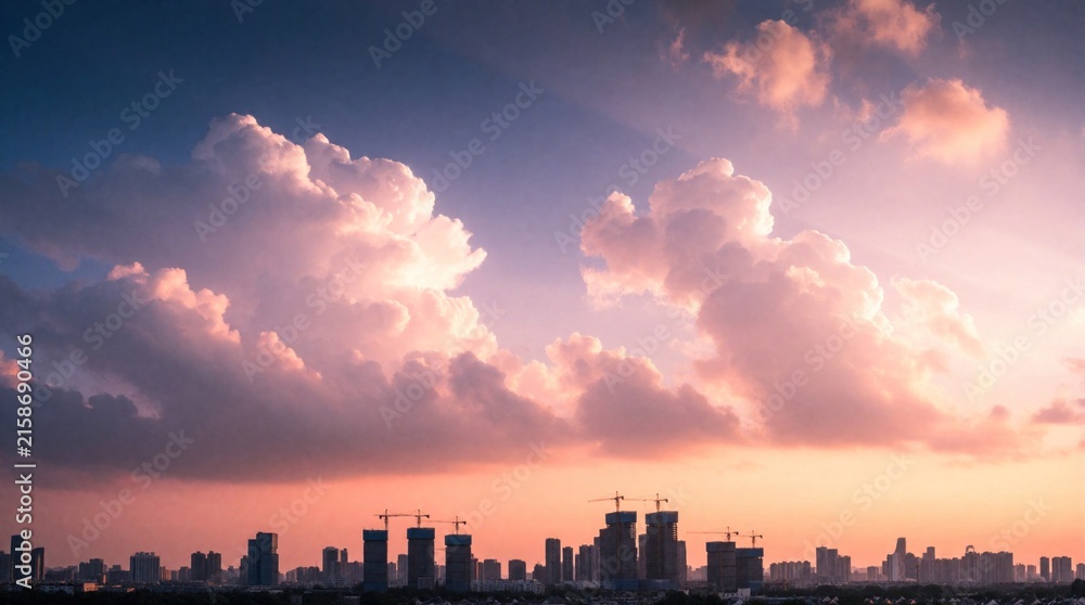 Obraz premium City skyline at sunset with dramatic pink and orange clouds. Buildings under construction against a beautiful dusky sky. Urban landscape views.
