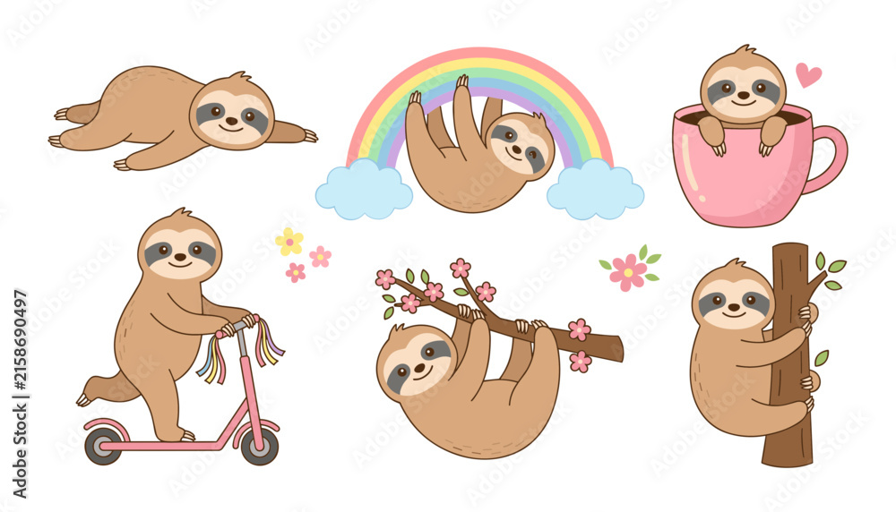 Naklejka premium Cute Kawaii Sloth Vector Character Set with Adorable Animals Hanging on Rainbow Tree Branch Riding Scooter and in Coffee Mug for Kids Graphic Designs
