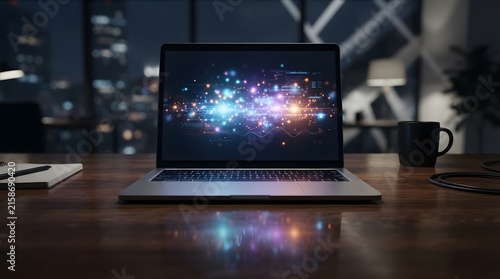 Laptop with abstract colorful glowing light particles on screen on a dark office desk table