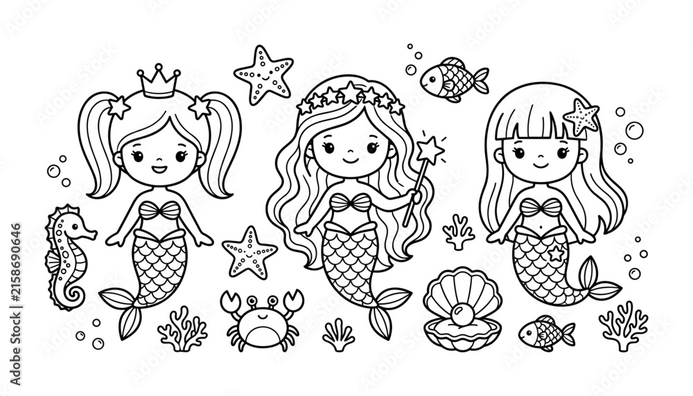 Obraz premium Cute Mermaid Coloring Book Page Vector Set with Kawaii Sea Girls Magic Wand Crab Seahorse Starfish and Underwater Shells for Children Activities