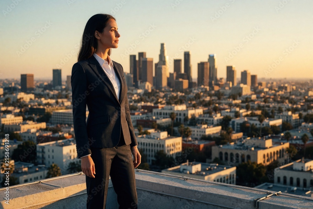 Fototapeta premium Businesswoman stands on rooftop overlooking Los Angeles city skyline at sunset. She wears a dark suit, looking out with a gaze of ambition and future success.