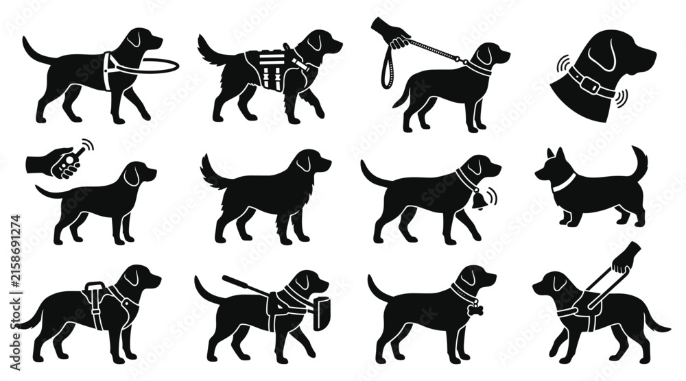 Obraz premium Assistance Guide Dog Silhouette Set Featuring Service Canines wearing Halo Harnesses Safety Vests Training Collars and Support Handles Vector Isolated Graphic Icons