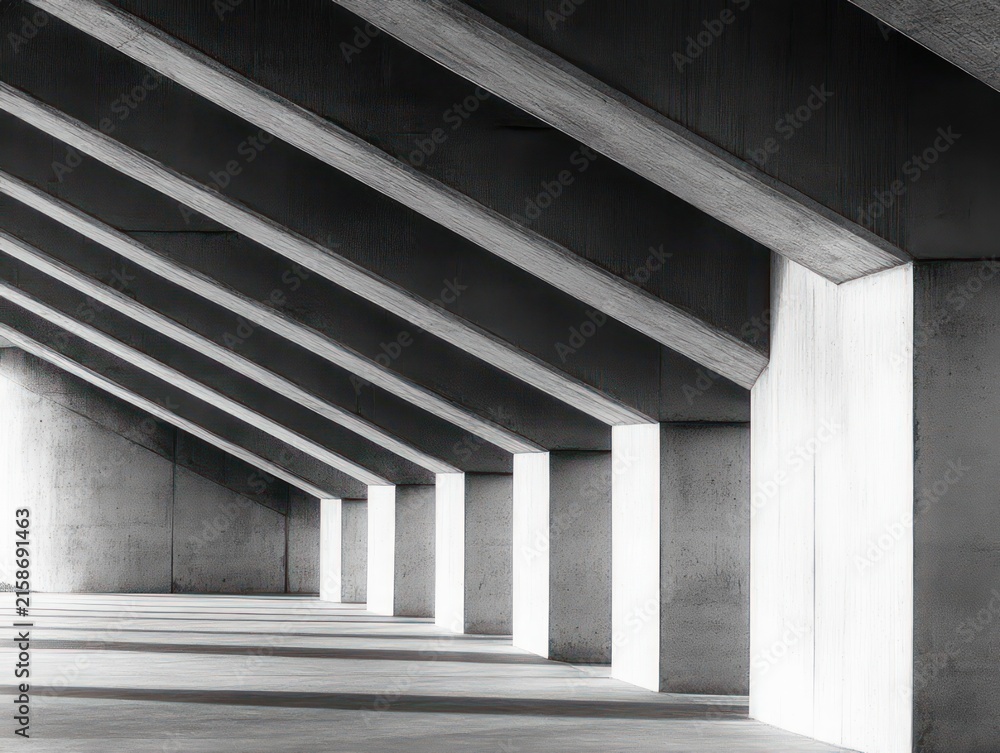 Obraz premium empty concrete colonnade with repeating slanted beams and vertical pillars, dramatic light and shadow evoking a serene minimalist geometric space