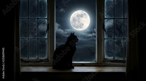 Silhouette of a black cat sitting on a window sill looking at a full moon in the night sky