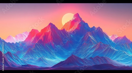 vibrant surreal mountain range at sunrise with glowing sun behind jagged pastel peaks, layered blue and pink ridges evoking a dreamy serene and majestic mood