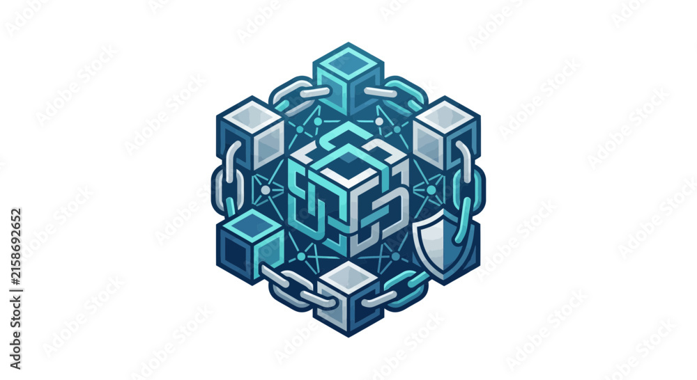 Naklejka premium Abstract Blockchain Technology Concept with Secure Decentralized Data Blocks and Chains