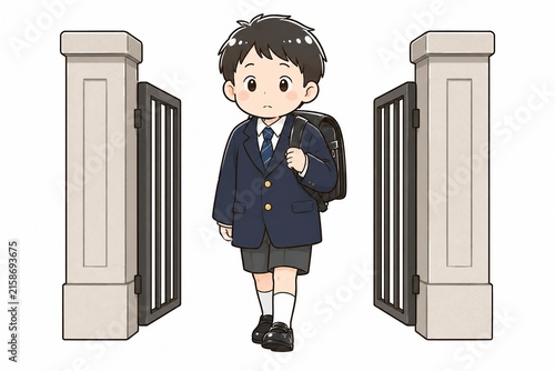 Obraz na płótnie 学校の門をくぐり通学するランドセルを背負った制服姿の男子生徒