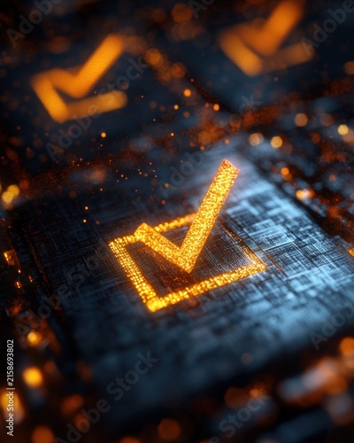 glowing orange checkmark in a square on a metallic circuit board with scattered glowing particles and blurred background checkmarks, conveying secure confirmation and success