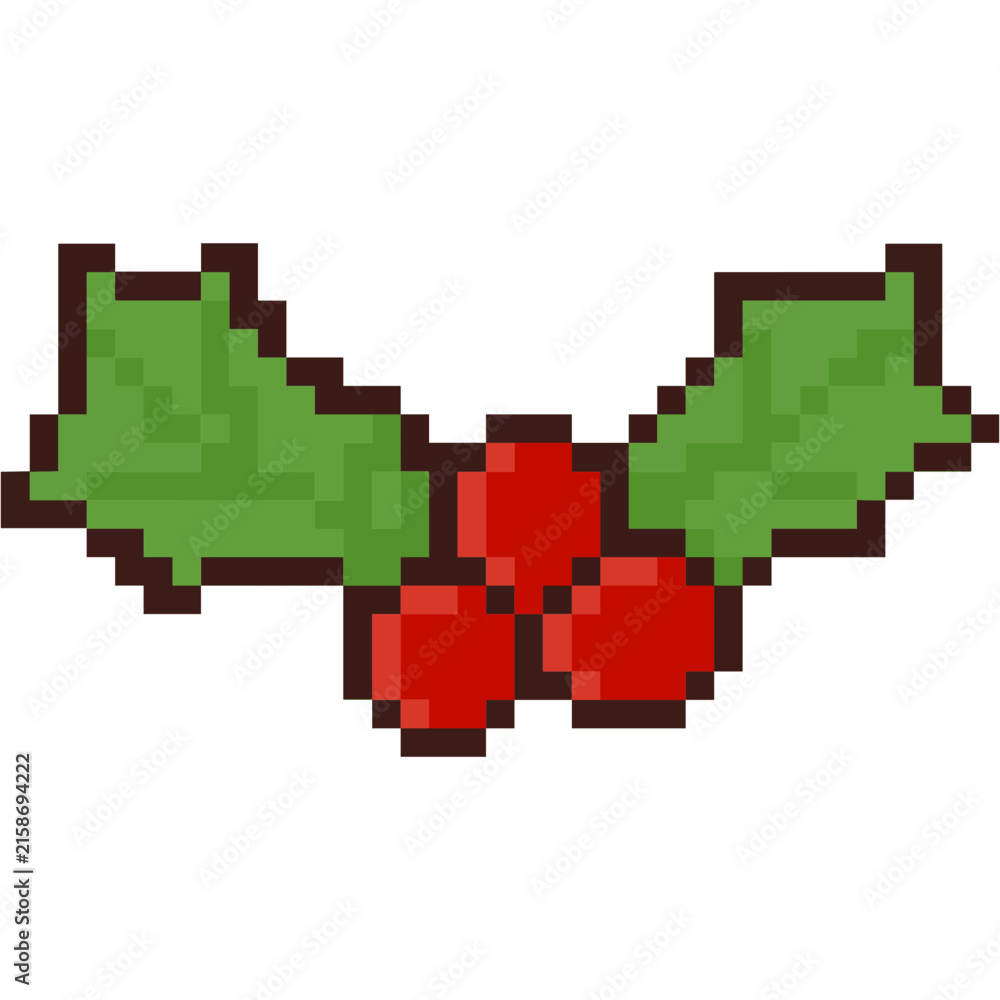 Fototapeta premium Cute christmas holly leaves and berries pixel art icon for retro 8 bit winter holiday decoration and festive aesthetic graphic design elements