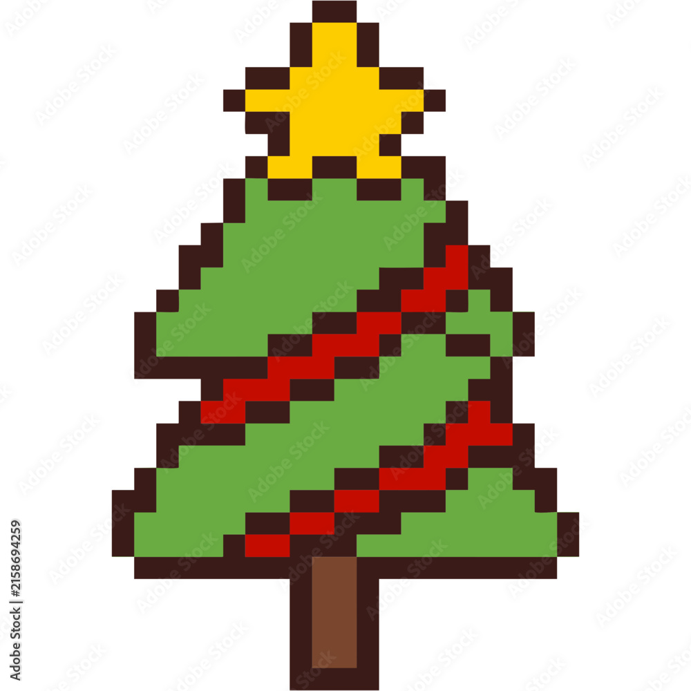 Obraz premium Cute christmas tree pixel art icon for retro 8 bit winter holiday decoration and festive aesthetic graphic design elements
