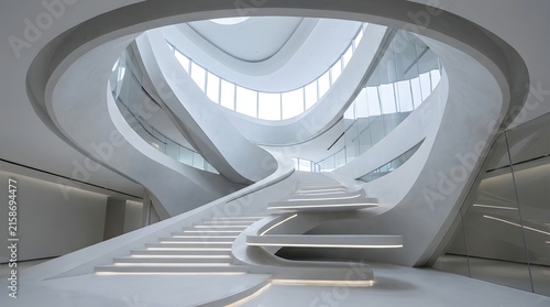 Modern abstract interior with curved white walls and a grand staircase in a futuristic minimalist architectural space