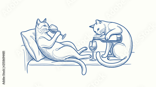 Sketch of two cats drinking wine on sofa.