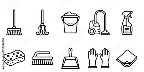 House Cleaning Tools Icon Set – Minimal Hand Drawn Vector