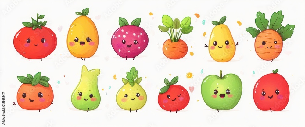 Fototapeta premium twelve kawaii-style smiling fruits and vegetables with blushing cheeks, leafy tops, colorful pastel splashes and playful, joyful expressions conveying warmth and friendliness