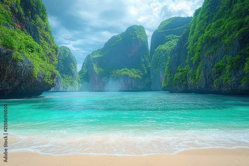 Fototapeta premium serene tropical cove with turquoise waves lapping a sandy beach framed by towering green limestone cliffs under a dramatic cloudy sky
