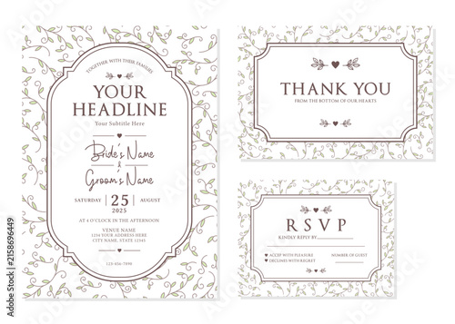 Hand Drawn Vine Botanical Wedding Invitation Suite Vector Template
