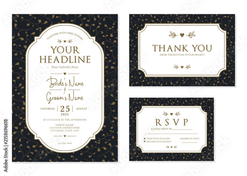  Luxury Black Gold Botanical Wedding Invitation Suite Vector Template
