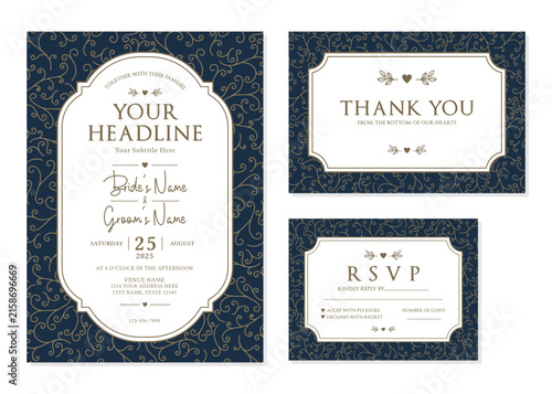 Luxury Navy Blue Gold Swirl Wedding Invitation Suite Vector Template
