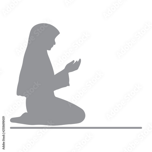 Silhouette icon of a Muslim woman in hijab kneeling and praying