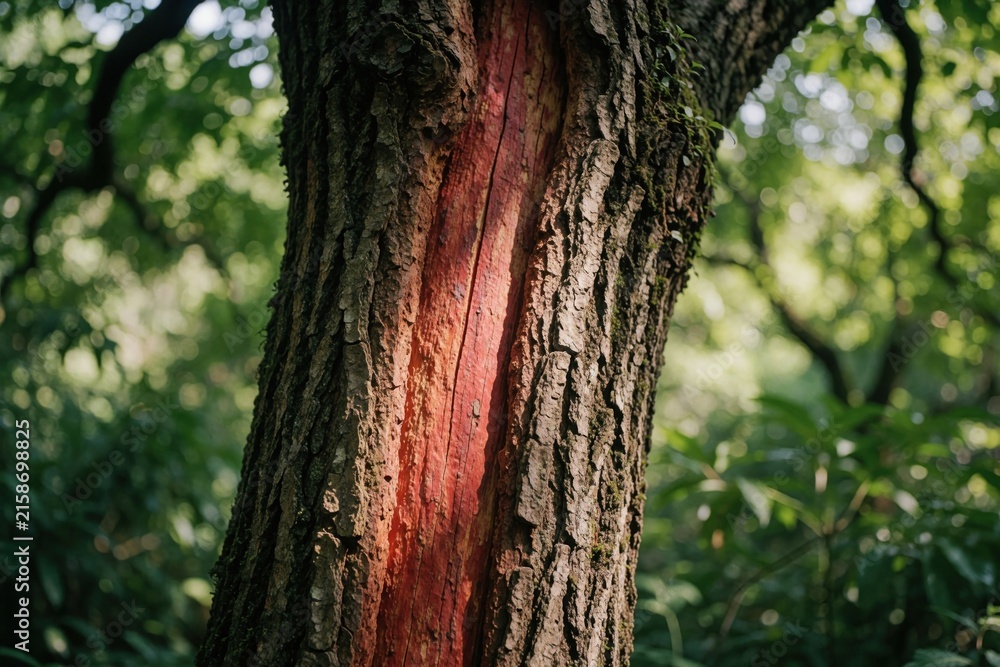 Obraz premium Close up view of fresh scratch marks on tree bark. Reddish raw wood exposed on trunk surface. Damaged timber shows deep vertical wound in forest. Natural macro texture of injured plant in green
