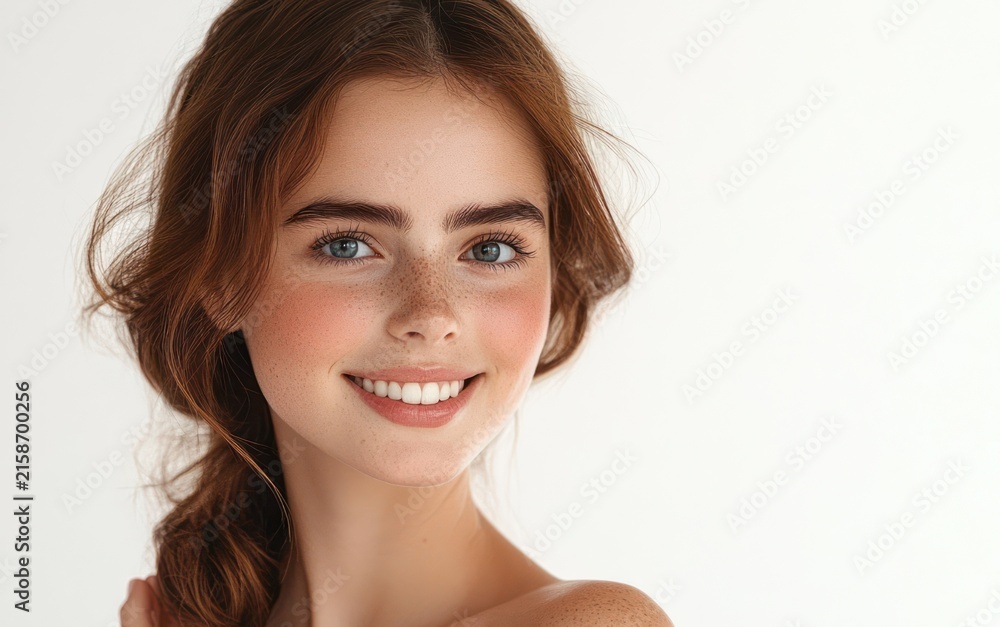 Obraz premium Portrait of a young woman with brown hair in a loose side braid, bare shoulders, a blurred square over her face on a clean white background conveying calm serenity