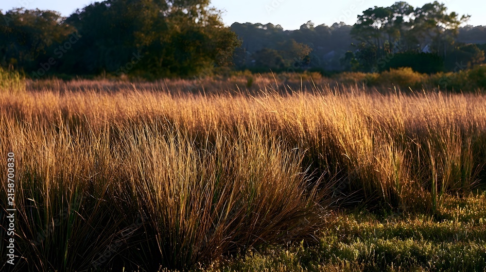Naklejka premium Golden grasses sway gently under warm sunlight with trees forming a soft backdrop in serene natural landscape