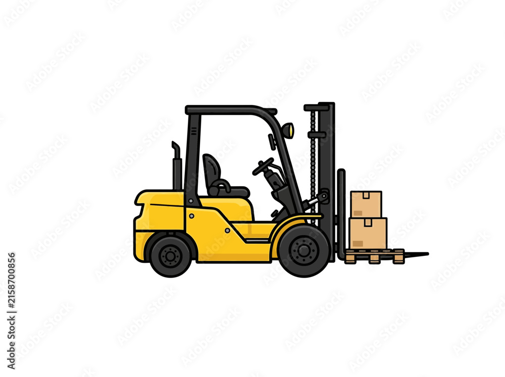Naklejka premium Yellow Industrial Forklift Truck With Black Roll Cage Lifting Stacked Cardboard Boxes On A Wooden Pallet In Warehouse Setting Vector Illustration