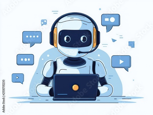 Friendly customer support robot wearing a headset and using a laptop surrounded by chat bubbles and media icons, conveying helpfulness and engagement