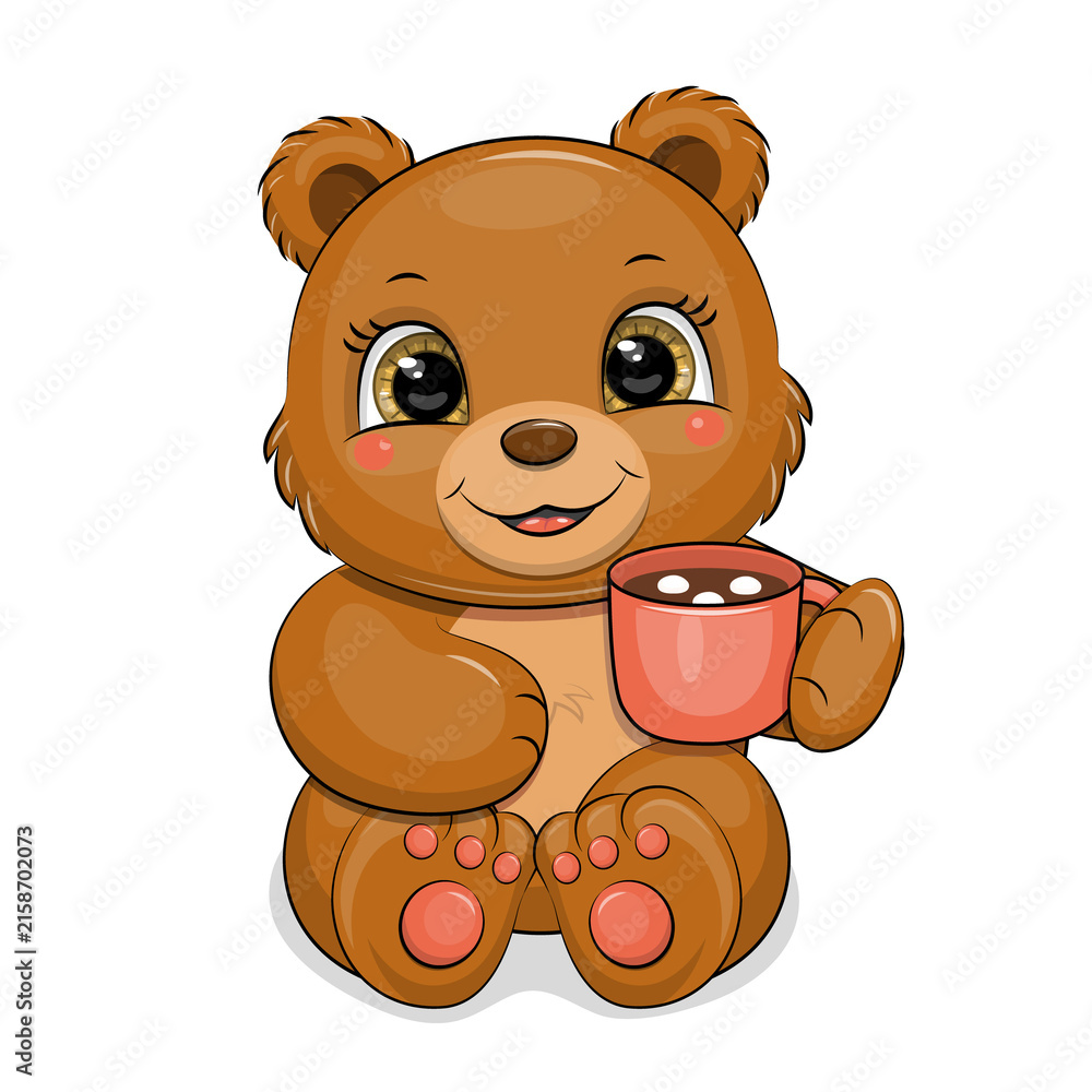 Fototapeta premium Cute Cartoon Brown Bear and Mug with Hot Chocolate. Vector illustration of animal on white background.